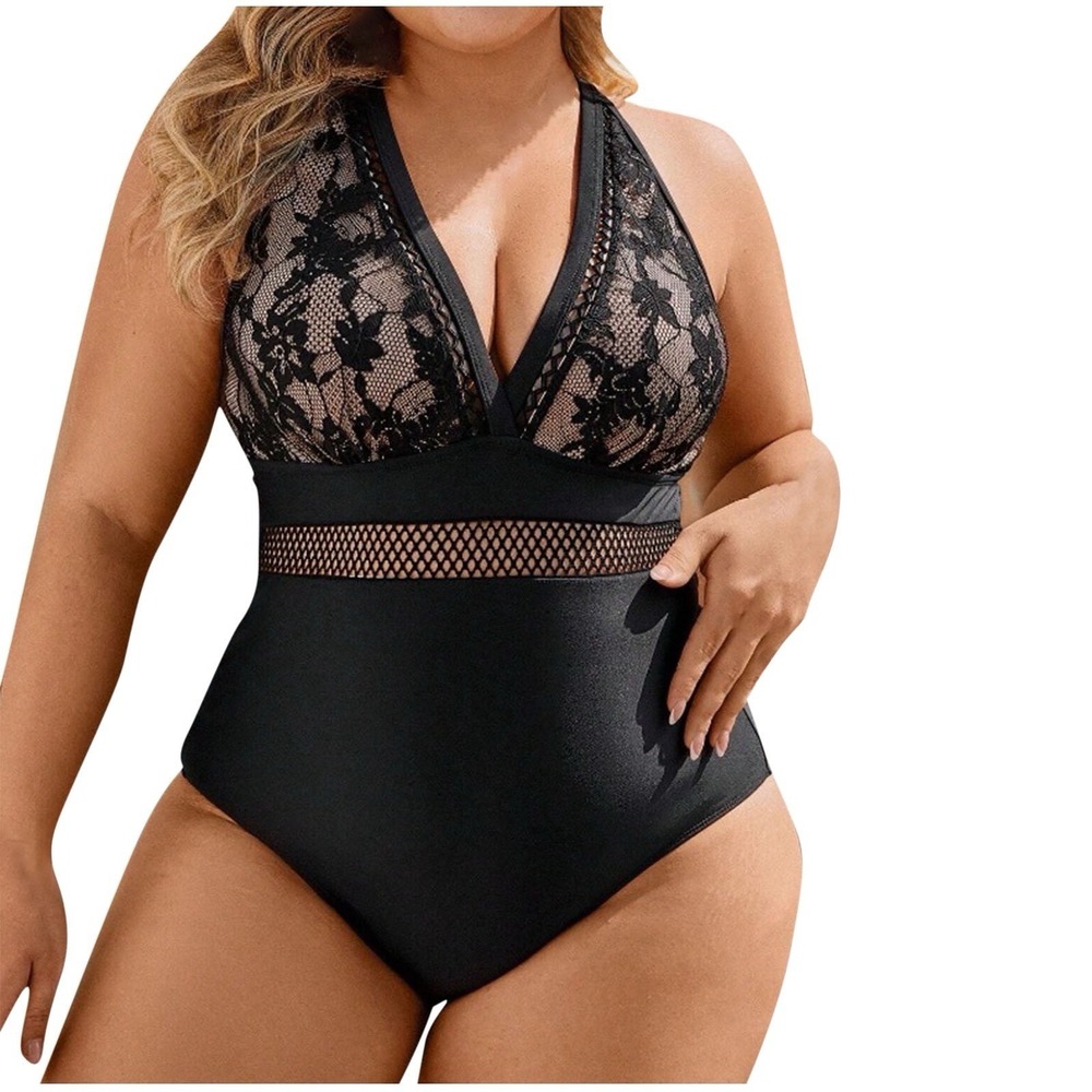 Womens One Piece Swimsuit 2XL Black Lace Mesh Halter‎ Plus Size Bathing Suit